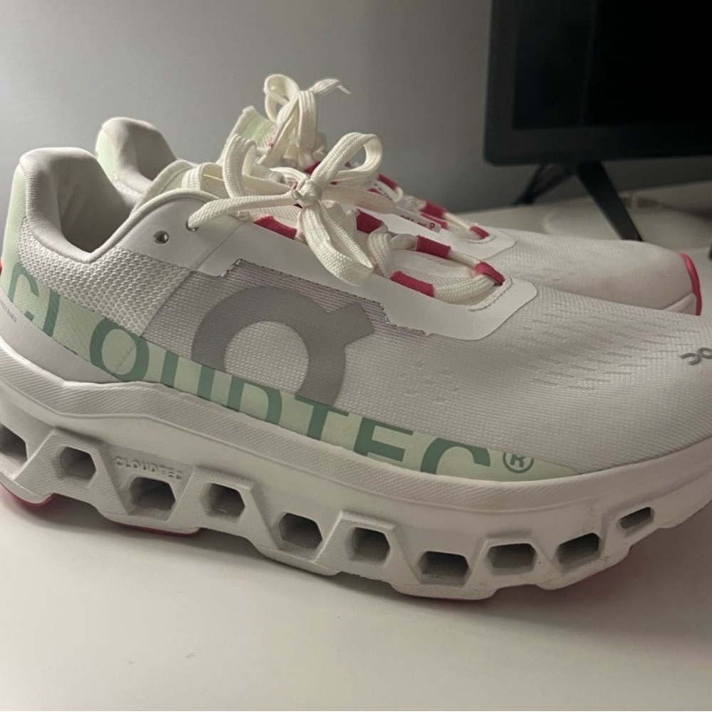 On Cloudmonster (white/lima) size 8